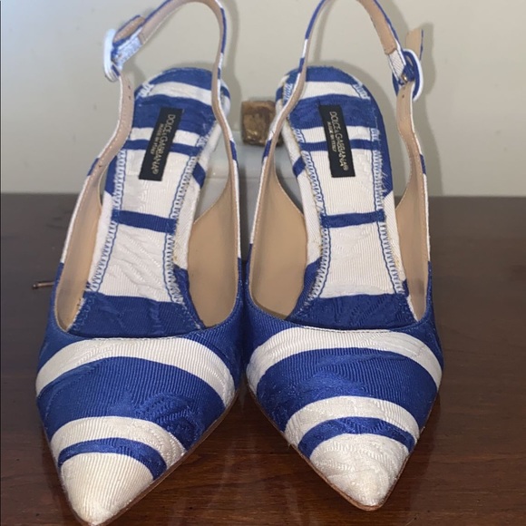 Dolce & Gabbana Blue and White Stripe Brocade Fabric Pointed Toe Sandals - Picture 10 of 11